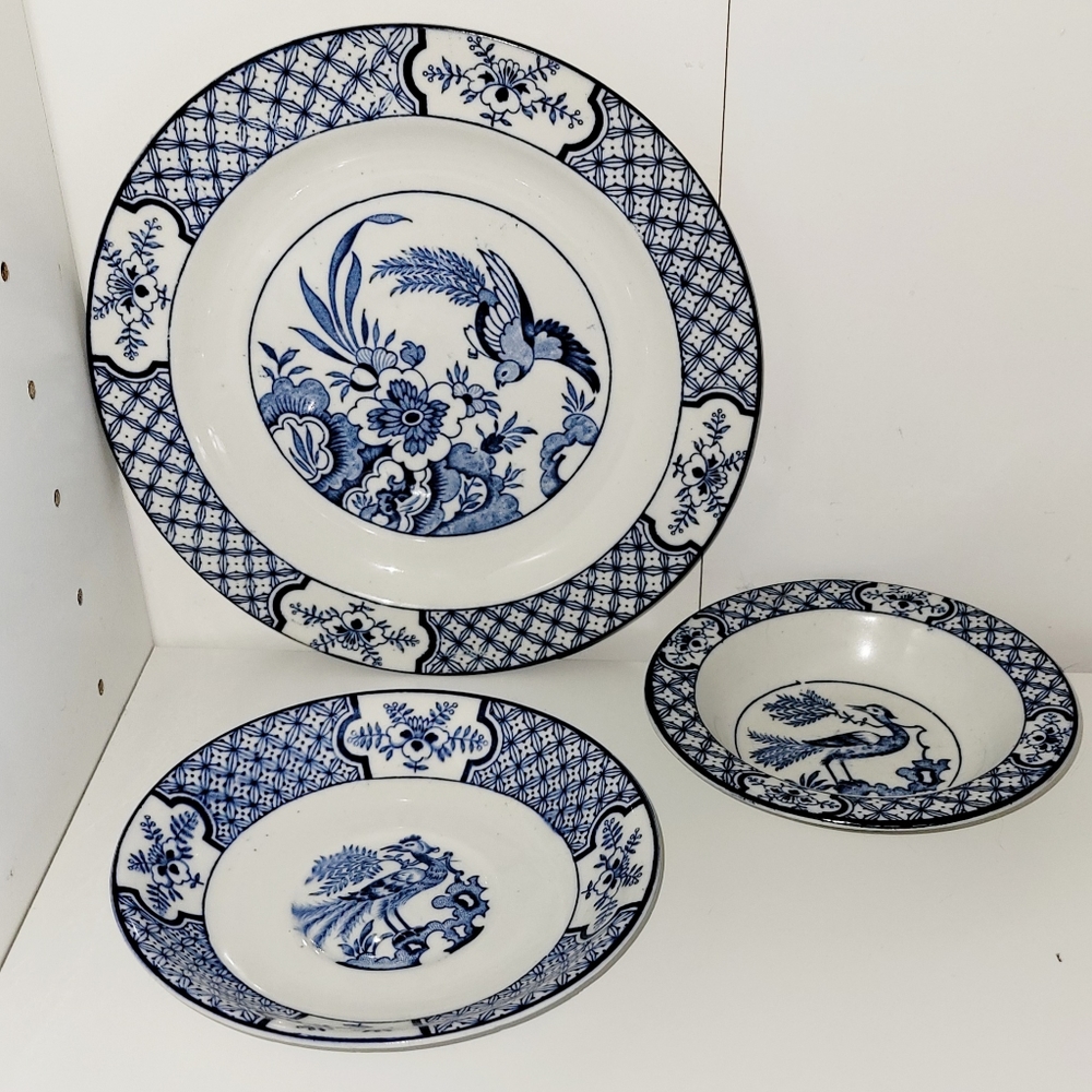 Yuan Wood & Sons Vintage Plate Bowl Saucer Bundle Blue Bird China Dishes